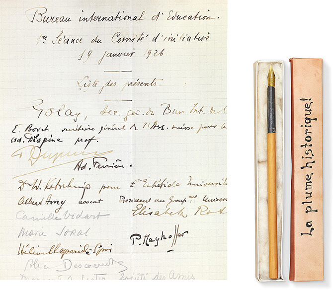 Partial list of participants in the first IBE committee meeting, 19 January 1926. The historic pen used to sign the IBE accord in 1929, when it became an intergovernmental organization, and again in 1969, when it became a UNESCO Category I institute.
